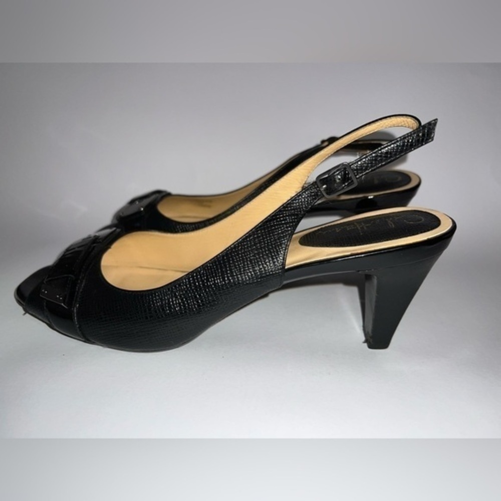 Cole Haan Womens 9 1/2 Black Leather Peep Toe Nike Air Heels Pumps 9.5 Buckle - Picture 4 of 15